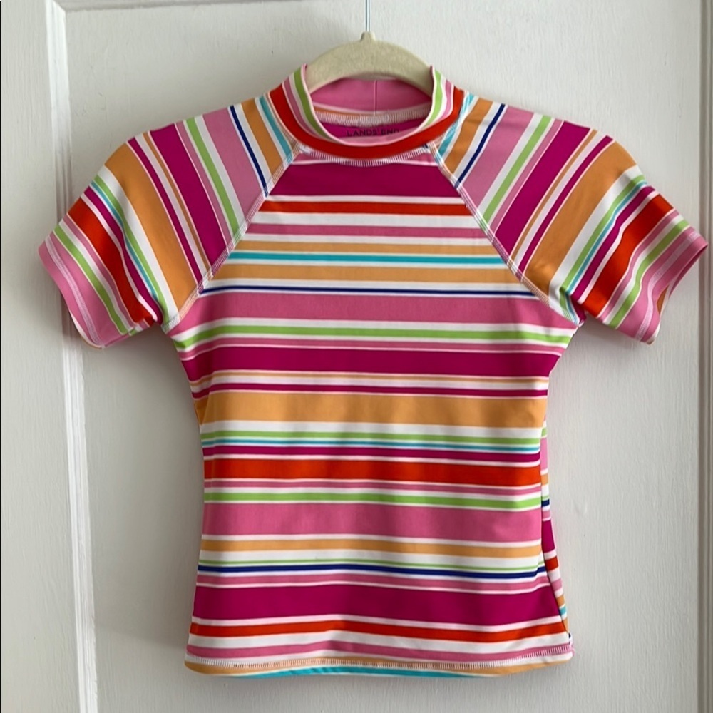 Land’s End 7 - 8 Slim Girls Short Sleeved Striped Rash Guard Swim Top Tee - Picture 2 of 12